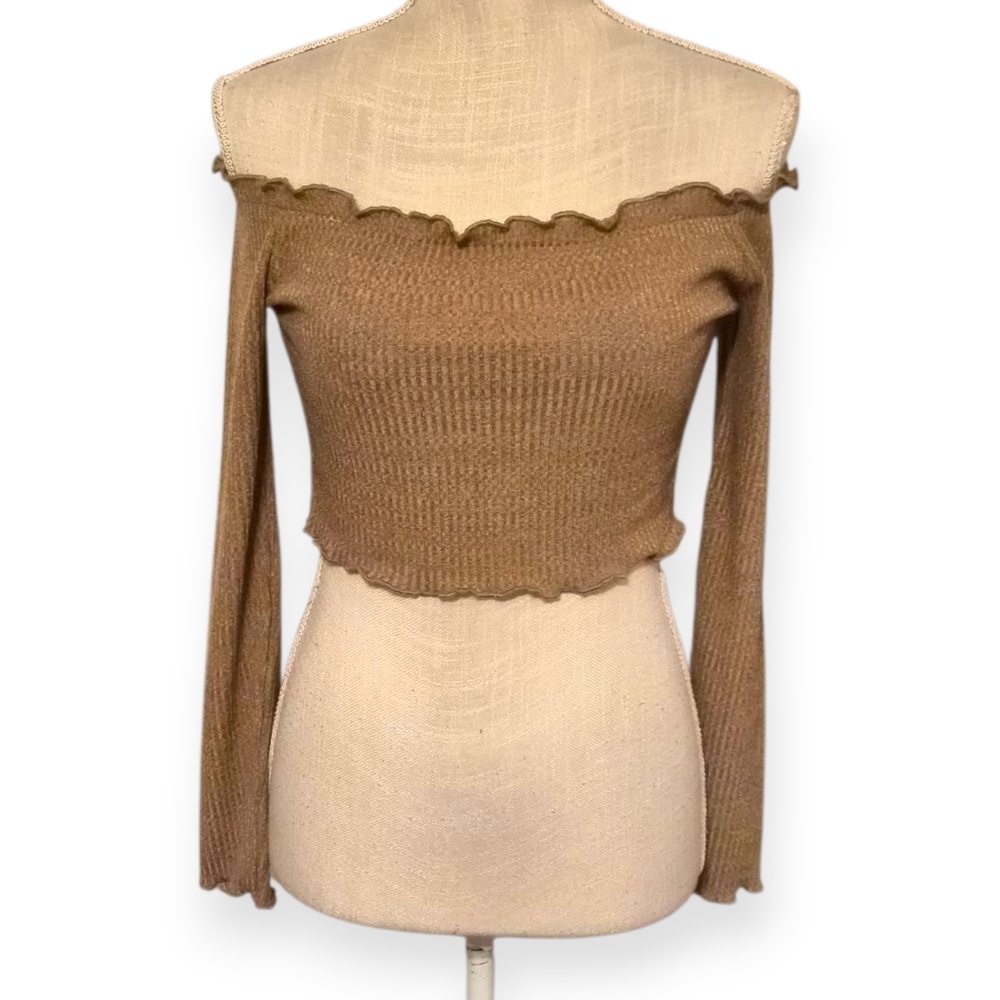 SHEIN | Women's Brown Ribbed Off Shoulder Long Sleeve Crop Top